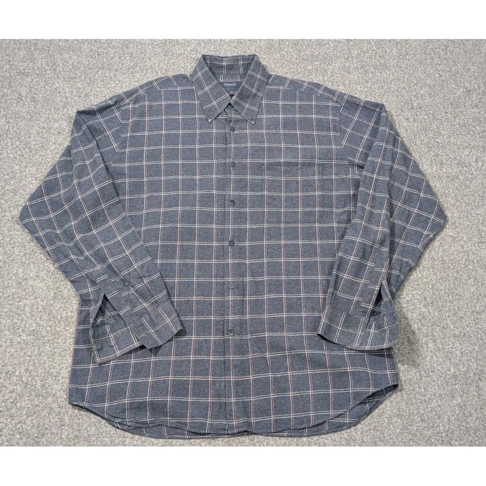 Zegna‎ Sport Shirt Men Extra Large Blue Plaid Dark Academia Luxurious Flannel